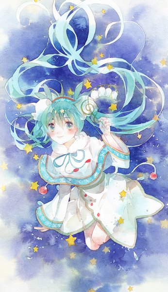 Anime picture 1000x1733 with vocaloid hatsune miku yuki miku yuki miku (2015) rei (pixiv4656825) single tall image looking at viewer blush smile twintails bent knee (knees) very long hair hair flower aqua eyes aqua hair traditional media watercolor (medium) girl hair ornament