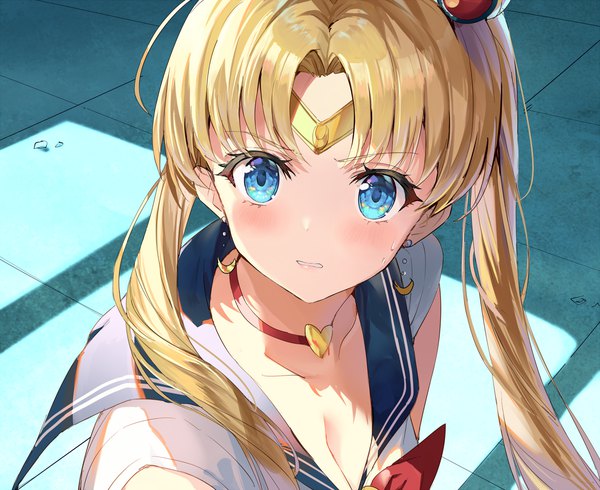 Anime picture 1413x1156 with bishoujo senshi sailor moon toei animation tsukino usagi sailor moon rin yuu single long hair blush fringe breasts blue eyes blonde hair twintails looking away cleavage indoors parted lips from above clenched teeth sailor collar