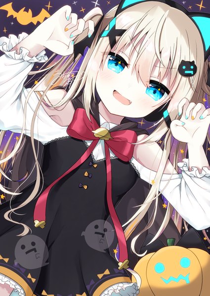 Anime picture 717x1012 with virtual youtuber indie virtual youtuber uchuuneko (vtuber) uchuuneko single long hair tall image looking at viewer fringe open mouth blue eyes blonde hair hair between eyes bare shoulders signed animal ears upper body nail polish head tilt sparkle