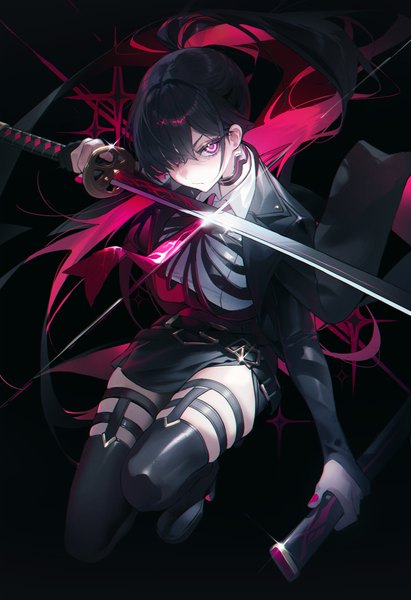 Anime picture 3467x5067 with legendary sword cerberus (legendary sword) okazu (eightstudio) single long hair tall image looking at viewer fringe highres black hair simple background holding absurdres ponytail nail polish pink eyes multicolored hair hair over one eye two-tone hair sparkle
