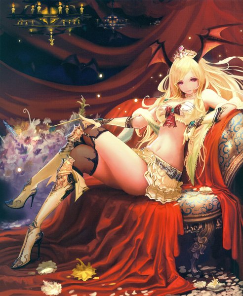 Anime picture 4042x4927 with shingeki no bahamut shadowverse queen vampire (shadowverse) tachikawa mushimaro (bimo) single long hair tall image looking at viewer highres breasts blonde hair large breasts sitting bare shoulders absurdres pink eyes light smile bare belly high heels crossed legs
