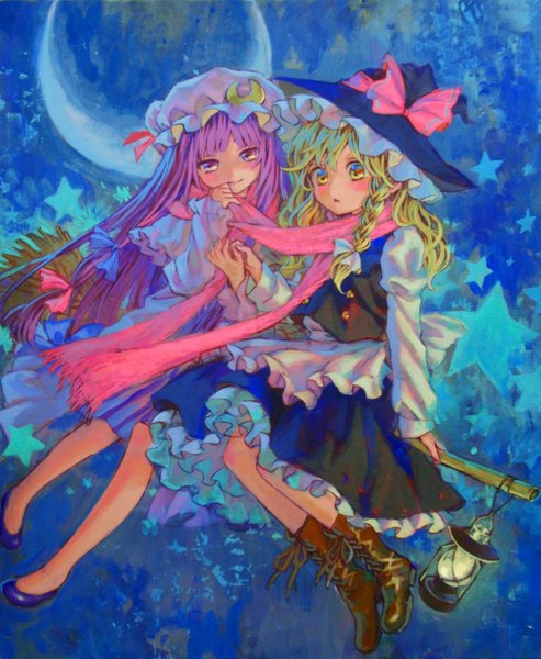 Anime picture 1207x1468 with touhou kirisame marisa patchouli knowledge ama-tou long hair tall image blush blonde hair smile sitting purple eyes multiple girls yellow eyes purple hair braid (braids) single braid holding hands crescent traditional media shared scarf