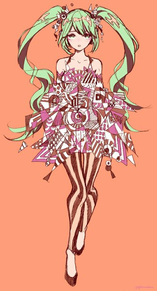 Anime picture 542x1000 with vocaloid hatsune miku yuji kazakiri single long hair tall image looking at viewer fringe open mouth simple background twintails signed bent knee (knees) aqua eyes aqua hair alternate costume orange background abstract girl hair ornament
