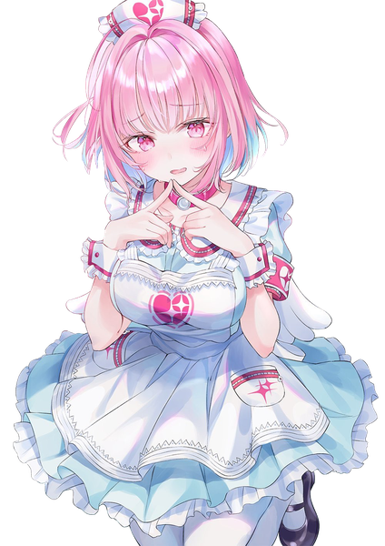 Anime picture 1000x1415 with idolmaster idolmaster cinderella girls yumemi riamu nabi (uz02) single tall image blush fringe short hair breasts open mouth large breasts standing pink hair blunt bangs pink eyes multicolored hair two-tone hair fang (fangs) sweat