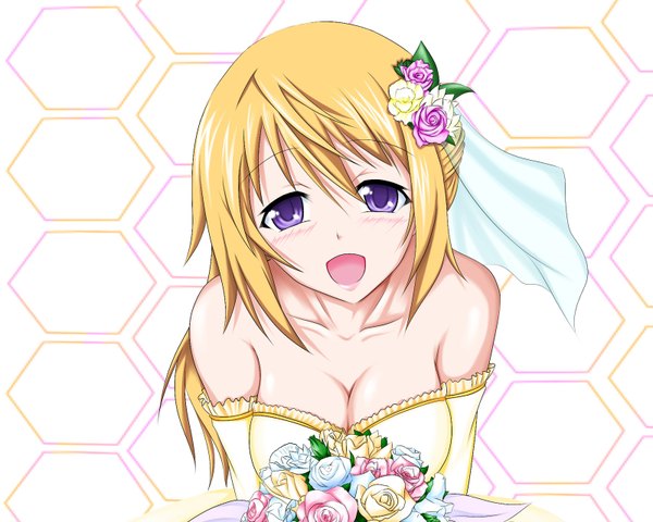 Anime picture 1600x1280 with infinite stratos 8bit charles dunois single long hair looking at viewer blush breasts open mouth light erotic blonde hair purple eyes bare shoulders hair flower girl dress hair ornament flower (flowers) wedding dress