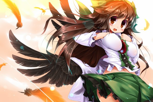 Anime picture 1200x804 with touhou reiuji utsuho koha (artist) single long hair blush breasts open mouth light erotic black hair red eyes large breasts girl dress wings feather (feathers)
