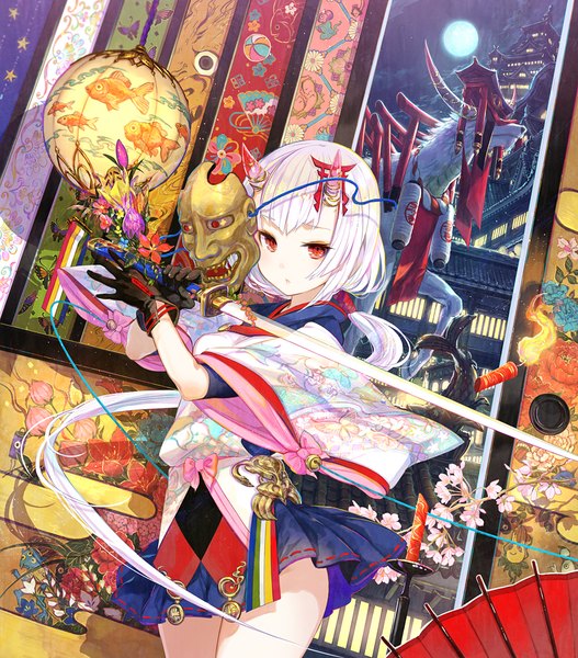 Anime picture 859x978 with original fuzichoco single long hair tall image looking at viewer fringe red eyes standing holding payot white hair ponytail traditional clothes japanese clothes pleated skirt horn (horns) night wide sleeves :o