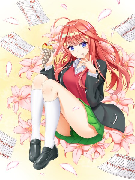 Anime picture 3000x4000 with go-toubun no hanayome nakano itsuki star-ring single long hair tall image looking at viewer blush fringe highres blue eyes light erotic simple background holding pink hair full body ahoge bent knee (knees) blunt bangs pleated skirt