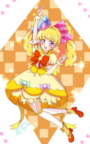 Anime picture 1000x1599 with precure mahou girls precure! toei animation asahina mirai cure miracle cure miracle (topaz style) muni (pixiv 6606776) single tall image looking at viewer blush fringe open mouth blonde hair purple eyes signed full body bent knee (knees) braid (braids) :d