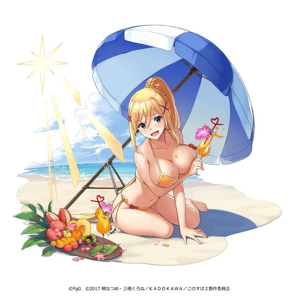 イラスト 4096x4096 と この素晴らしい世界に祝福を! スタジオディーン ダクネス ソロ 長髪 カメラ目線 赤面 前髪 highres 開いた口 青い目 light erotic 金髪 hair between eyes 座る payot absurdres 空 cloud (clouds) ポニーテール