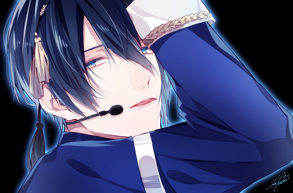 Anime picture 1930x1278 with touken ranbu nitroplus mikazuki munechika utkt single looking at viewer fringe highres short hair open mouth blue eyes simple background hair between eyes signed blue hair arm up black background close-up boy hair ornament
