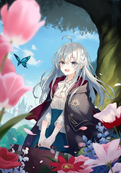 Anime picture 2880x4096 with majo no tabitabi elaina (majo no tabitabi) azuuru single long hair tall image looking at viewer blush fringe highres open mouth blue eyes smile hair between eyes standing holding sky silver hair cloud (clouds) ahoge
