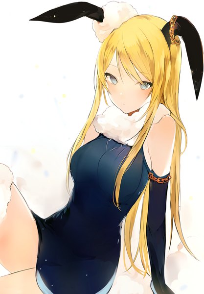 Anime picture 698x1003 with original lpip single long hair tall image looking at viewer blush simple background blonde hair white background sitting bare shoulders animal ears payot bunny ears fur trim sleeveless girl dress gloves