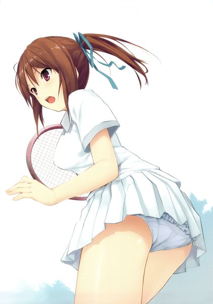 Anime picture 1122x1600 with original coffee-kizoku single long hair tall image open mouth light erotic brown hair ponytail pleated skirt pink eyes girl uniform underwear panties ribbon (ribbons) hair ribbon miniskirt t-shirt gym uniform