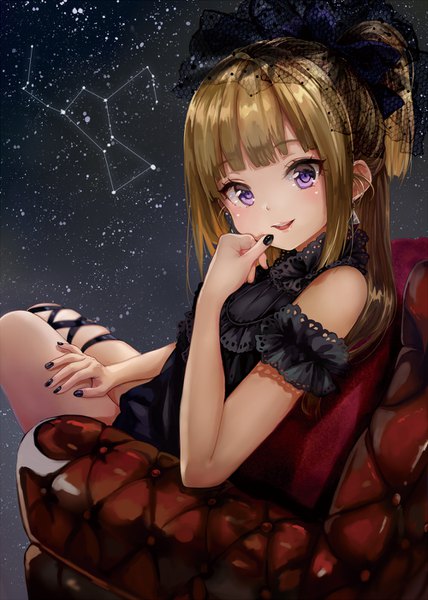Anime picture 1000x1402 with original pisuke single long hair tall image looking at viewer blush fringe open mouth smile brown hair sitting purple eyes blunt bangs nail polish one side up black nail polish constellation girl earrings