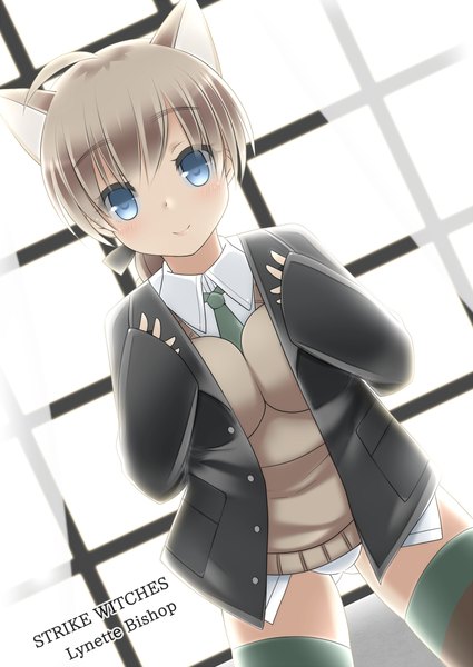 Anime picture 1000x1412 with strike witches lynette bishop sei000 single long hair tall image blush blue eyes light erotic blonde hair smile animal ears open clothes open jacket pantyshot girl thighhighs striped thighhighs