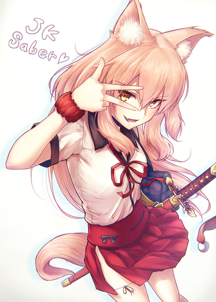 Anime picture 643x900 with fate (series) fate/extra ccc fox tail suzuka gozen (fate) fal single long hair tall image looking at viewer fringe open mouth light erotic simple background blonde hair smile hair between eyes standing white background animal ears yellow eyes tail