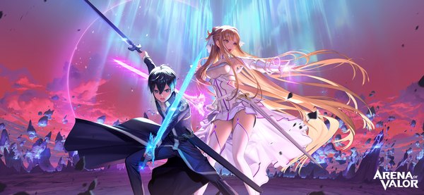 Anime picture 4230x1955 with sword art online sword art online: alicization arena of valor a-1 pictures yuuki asuna kirigaya kazuto nightmadness looking at viewer fringe highres short hair open mouth blue eyes black hair hair between eyes brown hair wide image standing holding payot