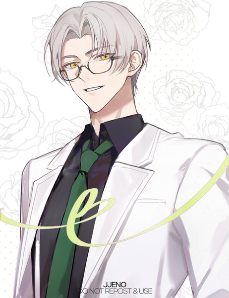 Anime picture 1000x1300 with tears of themis vyn richter (tears of themis) jyan512 single tall image looking at viewer short hair smile white background signed yellow eyes silver hair upper body mole mole under eye floral background heart of string boy shirt glasses