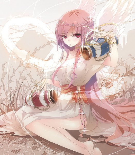 Anime picture 700x800 with tagme (copyright) plastick single long hair tall image looking at viewer fringe sitting pink hair bent knee (knees) pink eyes barefoot bare legs no shoes angel wings white wings zodiac aquarius (zodiac) girl dress