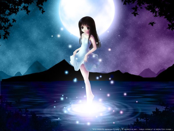 Anime picture 1280x960 with original goto p moonlighteternity single long hair black hair signed night night sky third-party edit girl dress white dress leaf (leaves) moon full moon