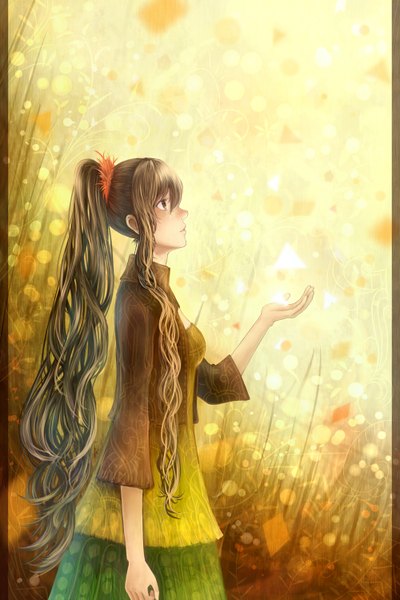 Anime picture 1000x1500 with original bounin single long hair tall image brown hair holding brown eyes ponytail profile sunlight light girl plant (plants) grass fireflies