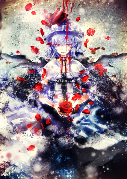 Anime picture 930x1316 with touhou remilia scarlet renon (tenle) single tall image short hair open mouth purple hair nail polish pink eyes girl dress flower (flowers) petals wings rose (roses) blood bonnet