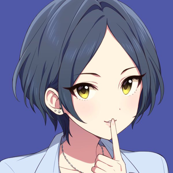 Anime picture 800x800 with idolmaster idolmaster cinderella girls hayami kanade agata (agatha) single looking at viewer short hair black hair simple background yellow eyes piercing finger to mouth ear piercing face purple background girl pendant