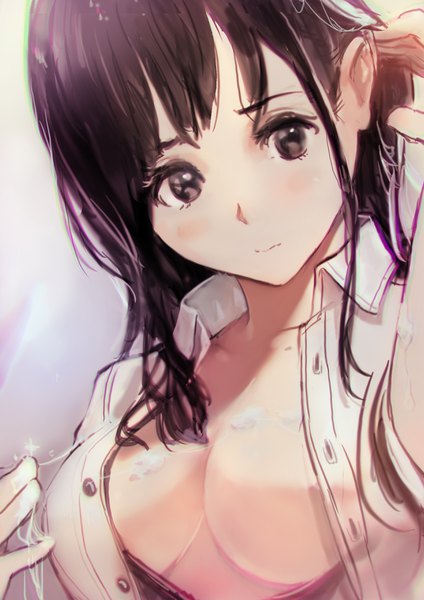 Anime picture 2480x3508 with original okuto single long hair tall image looking at viewer blush fringe highres breasts light erotic black hair simple background payot cleavage upper body black eyes open shirt hair tucking girl