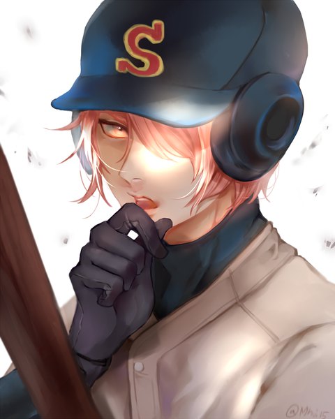 Anime picture 1000x1250 with daiya no ace production i.g kominato haruichi mhui single tall image looking at viewer fringe short hair open mouth simple background white background pink hair upper body pink eyes hair over one eye hand to mouth boy uniform baseball bat