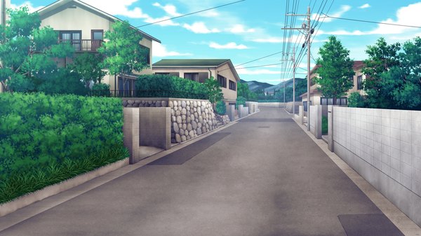 Anime picture 2048x1152 with guardian place skyfish (studio) highres wide image game cg sky cloud (clouds) plant (plants) tree (trees) wire (wires) house road