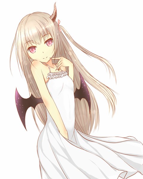 Anime picture 1200x1500 with original beta x single long hair tall image fringe simple background smile brown hair standing white background bare shoulders pink eyes horn (horns) fingernails side ponytail finger to mouth long fingernails bat wings girl