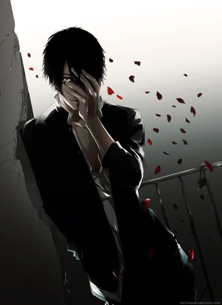 Anime-Bild 1018x1398 mit original re (artist) single tall image looking at viewer short hair black hair simple background grey eyes tears hand in pocket crying partially open clothes hand on face crack boy uniform school uniform petals lock