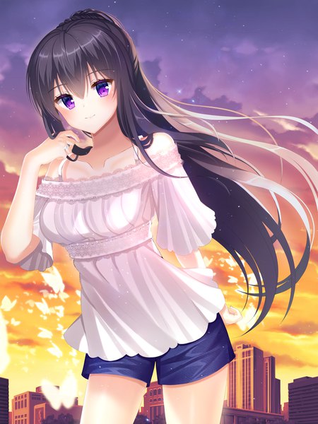 Anime picture 3000x4000 with original ecu8080 single long hair tall image looking at viewer blush fringe highres breasts black hair smile hair between eyes standing purple eyes bare shoulders payot sky cloud (clouds) outdoors