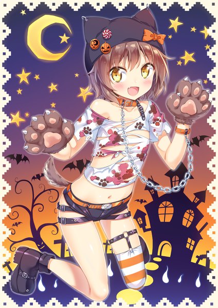 Anime picture 849x1200 with original ichi makoto single tall image blush short hair open mouth light erotic smile brown hair yellow eyes looking away :d off shoulder night night sky kneeling torn clothes halloween framed