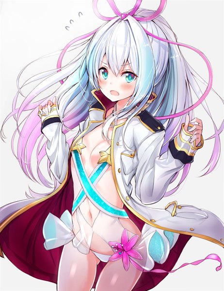 Anime picture 1557x2020 with shironeko project mana (shironeko project) fuku kitsune (fuku fox) single long hair tall image looking at viewer blush fringe breasts open mouth blue eyes light erotic simple background hair between eyes standing white background payot silver hair multicolored hair