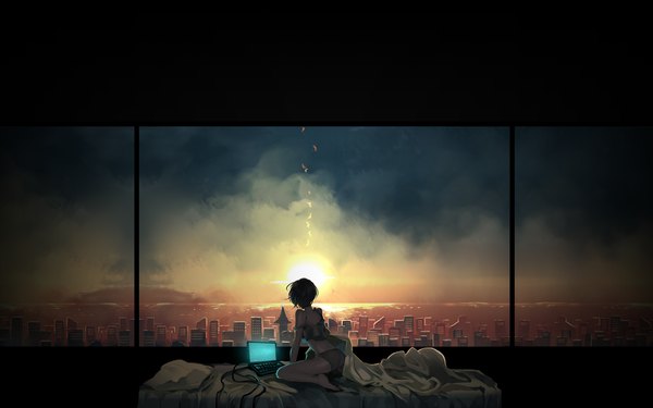 Anime picture 1920x1200 with original kyouichi single highres short hair light erotic black hair sitting looking away indoors barefoot off shoulder bare legs back city wariza evening sunset horizon cityscape