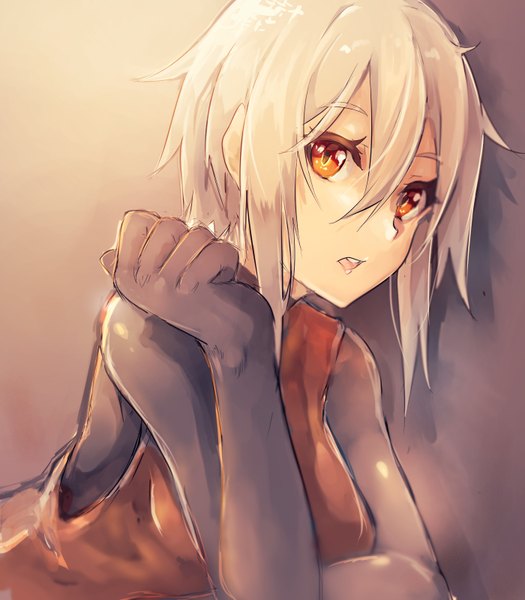 Anime picture 1400x1600 with original shiratan single tall image looking at viewer short hair open mouth simple background grey hair grey background shadow orange eyes girl gloves black gloves