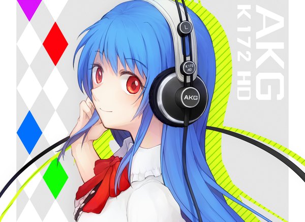 Anime picture 1200x874 with touhou akg hinanawi tenshi myuu (hellomagic) single long hair looking at viewer smile red eyes blue hair girl dress headphones bowtie