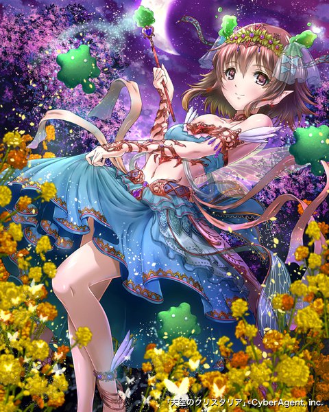 Anime picture 800x1000 with tenkuu no crystalia sakiyamama single tall image looking at viewer blush fringe short hair smile hair between eyes brown hair standing bare shoulders holding brown eyes payot cloud (clouds) outdoors wind pointy ears