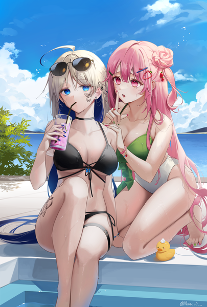 Anime picture 2000x2964 with original naru long hair tall image blush fringe highres breasts open mouth blue eyes light erotic large breasts sitting multiple girls signed looking away pink hair sky cleavage silver hair