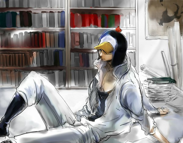 Anime picture 1000x782 with one piece toei animation penguin (one piece) puchibuta single looking at viewer blue eyes sitting indoors from above sketch boy boots book (books) cap library map