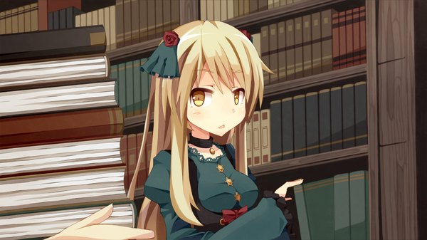 Anime picture 1920x1080 with original yuki kasa (artist) long hair looking at viewer blush highres open mouth blonde hair wide image yellow eyes indoors girl book (books) library
