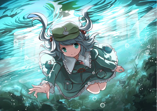 Anime picture 1771x1254 with touhou kawashiro nitori risutaru single looking at viewer fringe highres short hair smile blue hair full body long sleeves aqua eyes sunlight two side up floating hair underwater outstretched hand swimming girl