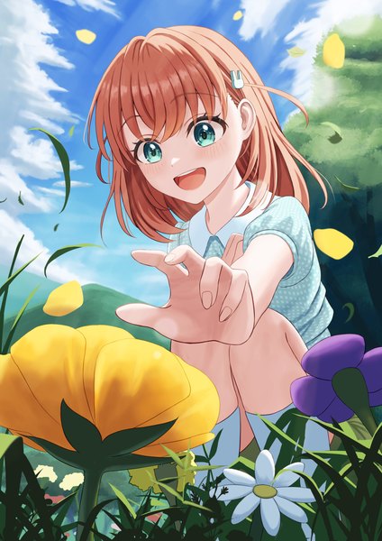 Anime picture 1736x2456 with link! like! love live! sunrise (studio) love live! hinoshita kaho wachida 01d single tall image blush fringe highres short hair open mouth smile looking away sky cloud (clouds) outdoors :d aqua eyes orange hair