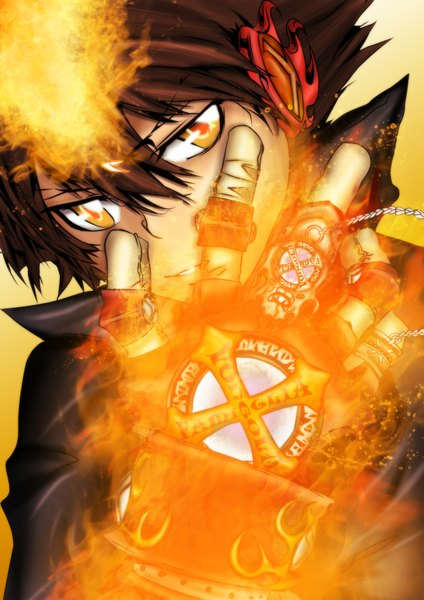 Anime picture 1518x2150 with katekyou hitman reborn vongola primo giotto gray fullbuster (artist) single tall image short hair brown hair orange eyes coloring magic light boy fire single glove