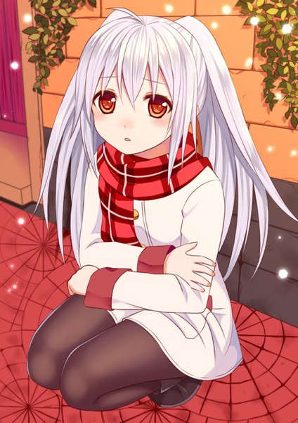 Anime picture 595x841 with plastic memories isla (plastic memories) ikeda yuuki (artist) single long hair tall image looking at viewer blush fringe hair between eyes red eyes twintails payot silver hair ahoge outdoors long sleeves parted lips from above crossed arms