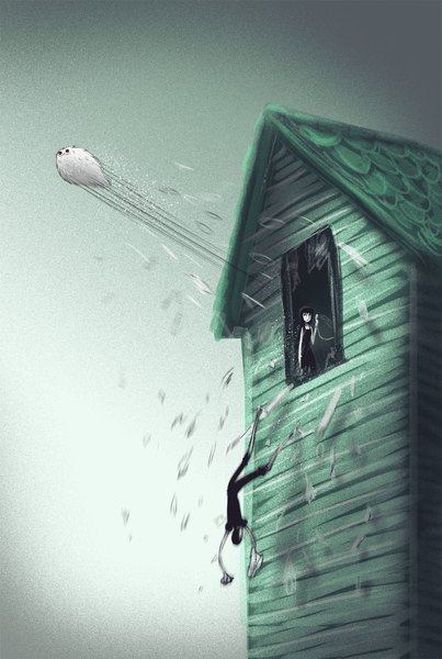Anime picture 800x1191 with original cotton valent long hair tall image short hair black hair red eyes looking away flying falling broken glass girl boy animal water window fur building (buildings) cat house