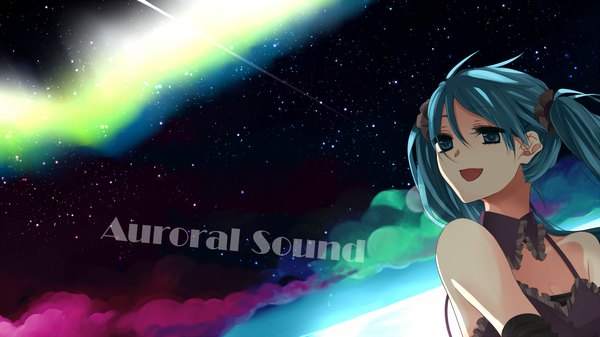 Anime picture 1920x1080 with vocaloid hatsune miku single long hair highres open mouth blue eyes wide image twintails bare shoulders cloud (clouds) green hair night night sky aurora borealis girl