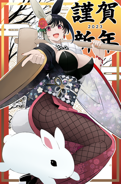 Anime picture 1113x1700 with original reibun (raven1119) single tall image looking at viewer short hair breasts open mouth light erotic black hair large breasts animal ears silver hair tail nail polish :d animal tail pink eyes multicolored hair two-tone hair